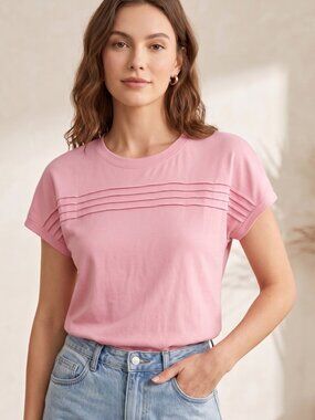 NWOT | Soft Pink Horizontal Pleated Chest Detail Short Sleeve Tee Top | Medium